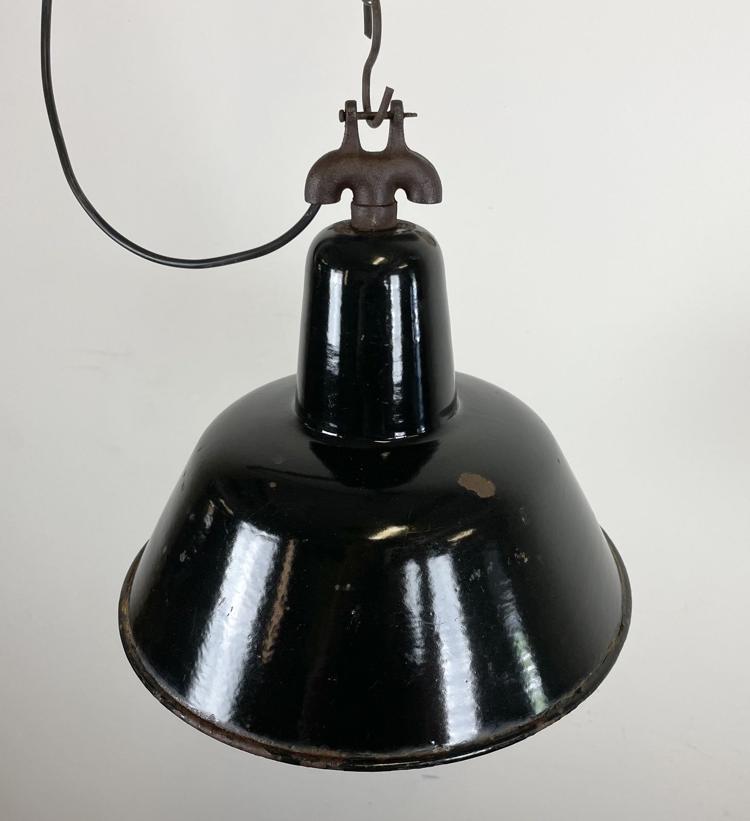 Lighting Industrial Black Enamel Factory Lamp With Cast Iron Top, 1950s photo