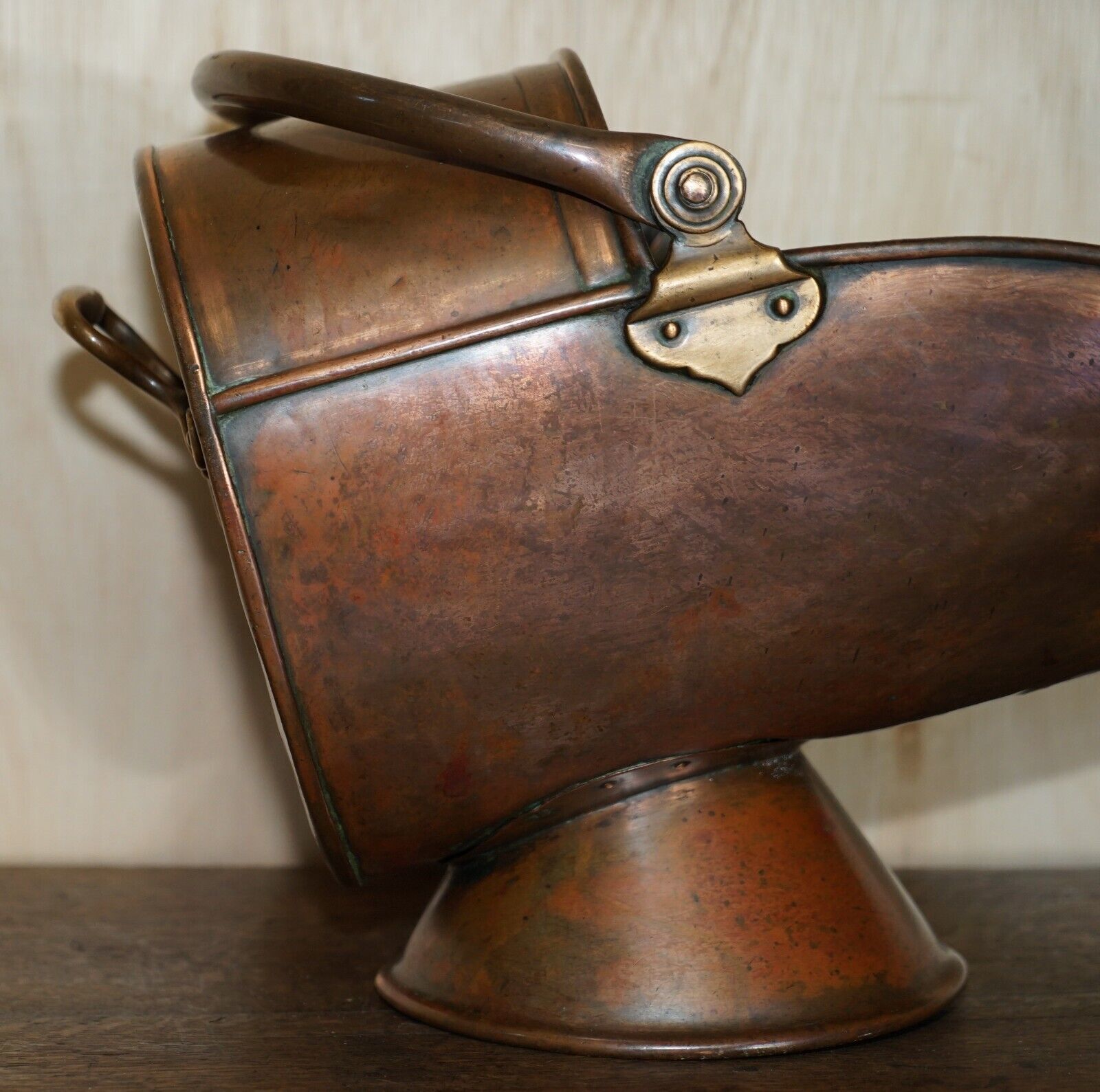 Antique Circa 1860 English Copper Coal Helmet Scuttle For Fireplaces Mantles photo for sale