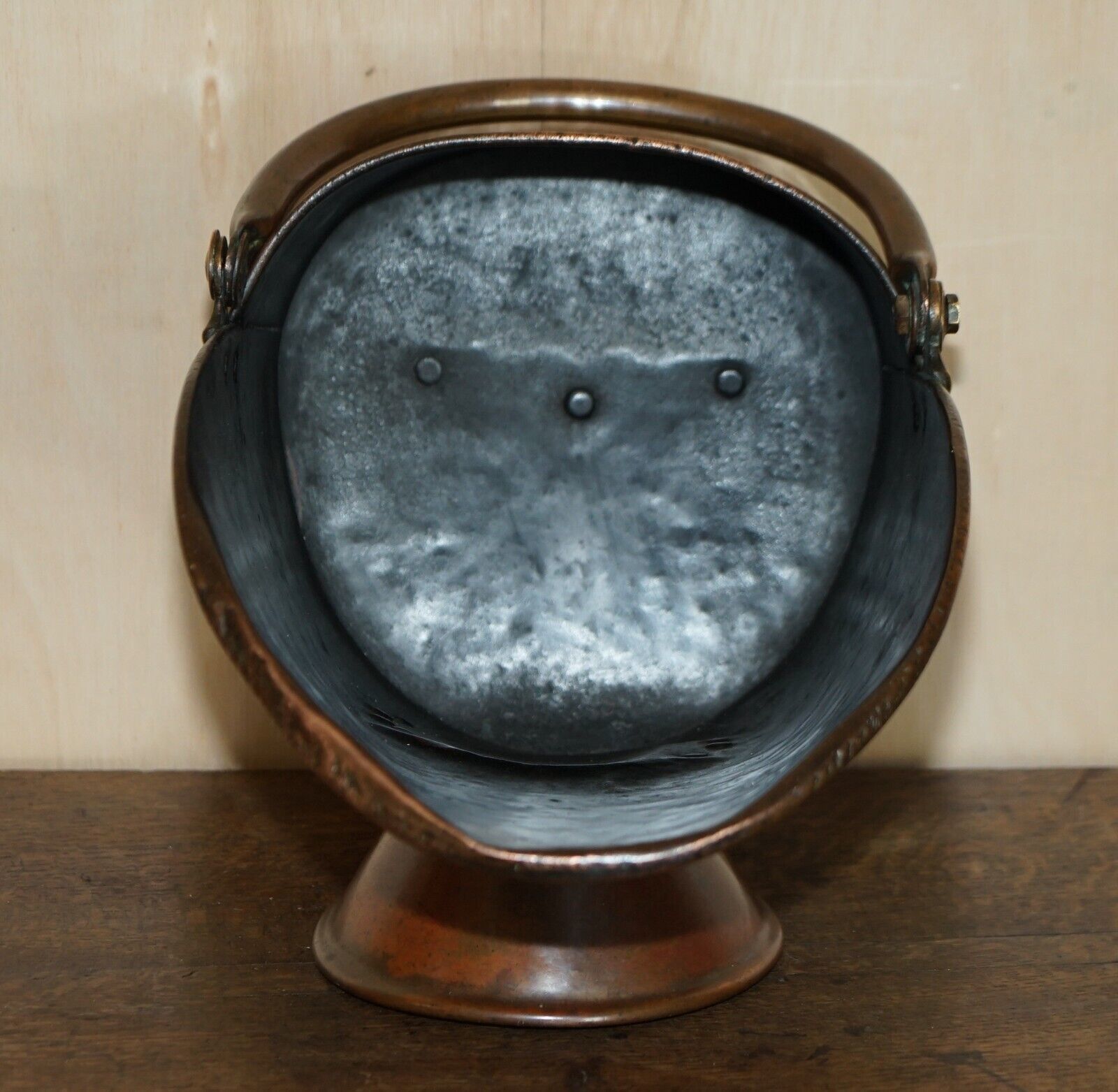 photo for sale Antique Circa 1860 English Copper Coal Helmet Scuttle For Fireplaces Mantles