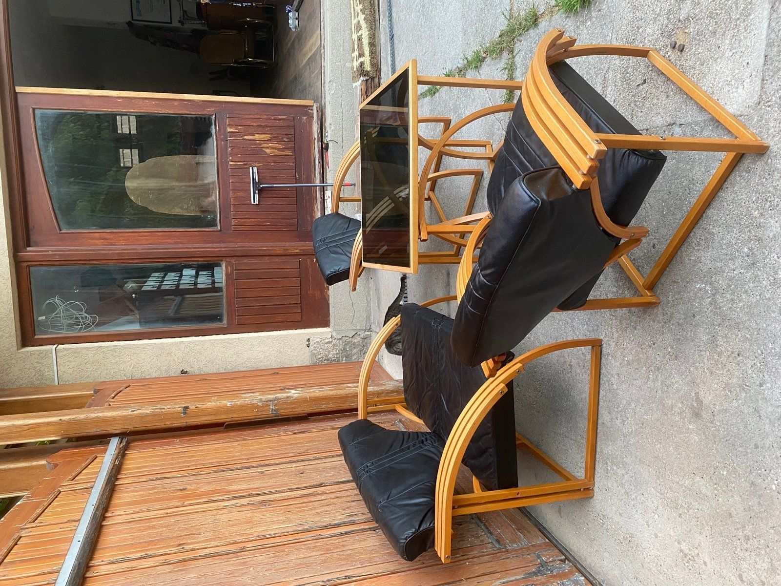 Mid Century Leather Sofa, Armchair And Table, Set Of 4 photo 4697.0