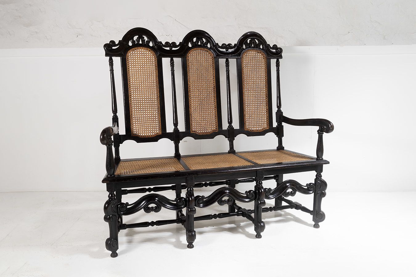 19thc Jacobean Renaissance Carved Oak High Back Cane 3 Seater Hall Bench Settee