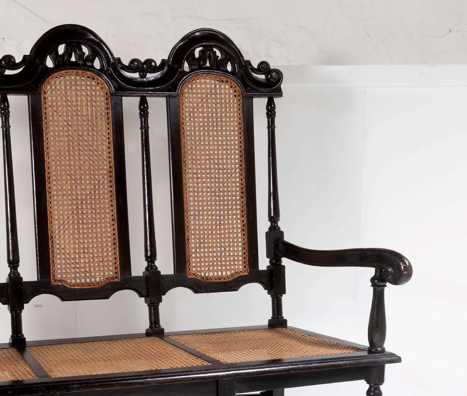 19thc Jacobean Renaissance Carved Oak High Back Cane 3 Seater Hall Bench Settee photo Furniture