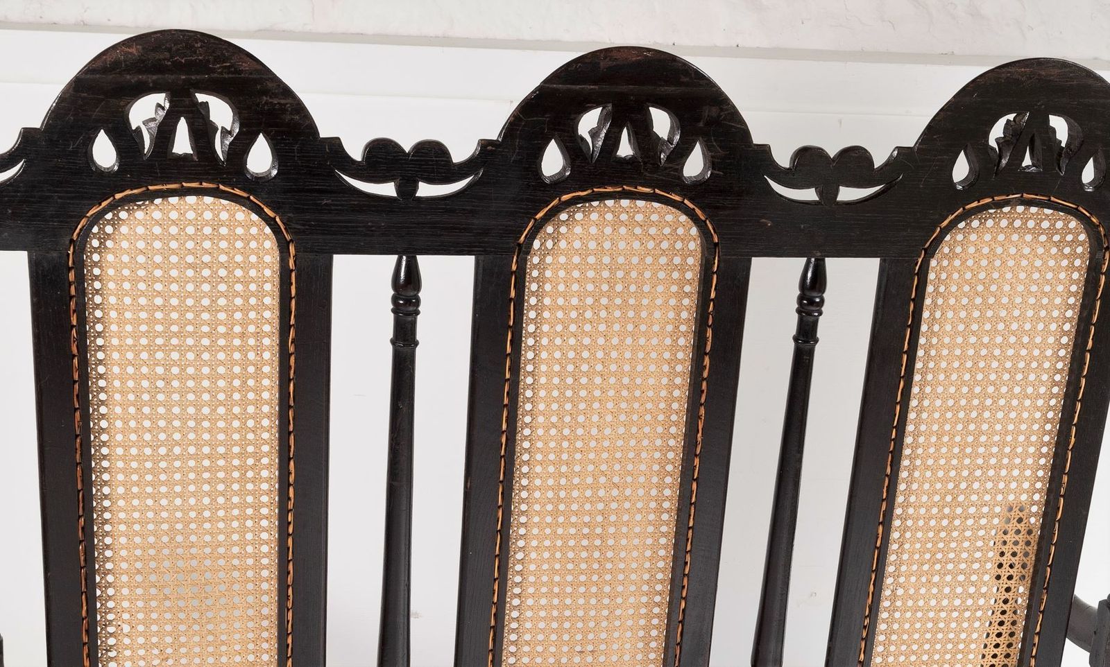 Furniture 19thc Jacobean Renaissance Carved Oak High Back Cane 3 Seater Hall Bench Settee photo