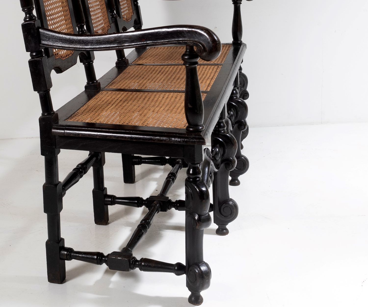 photo vinterior 19thc Jacobean Renaissance Carved Oak High Back Cane 3 Seater Hall Bench Settee