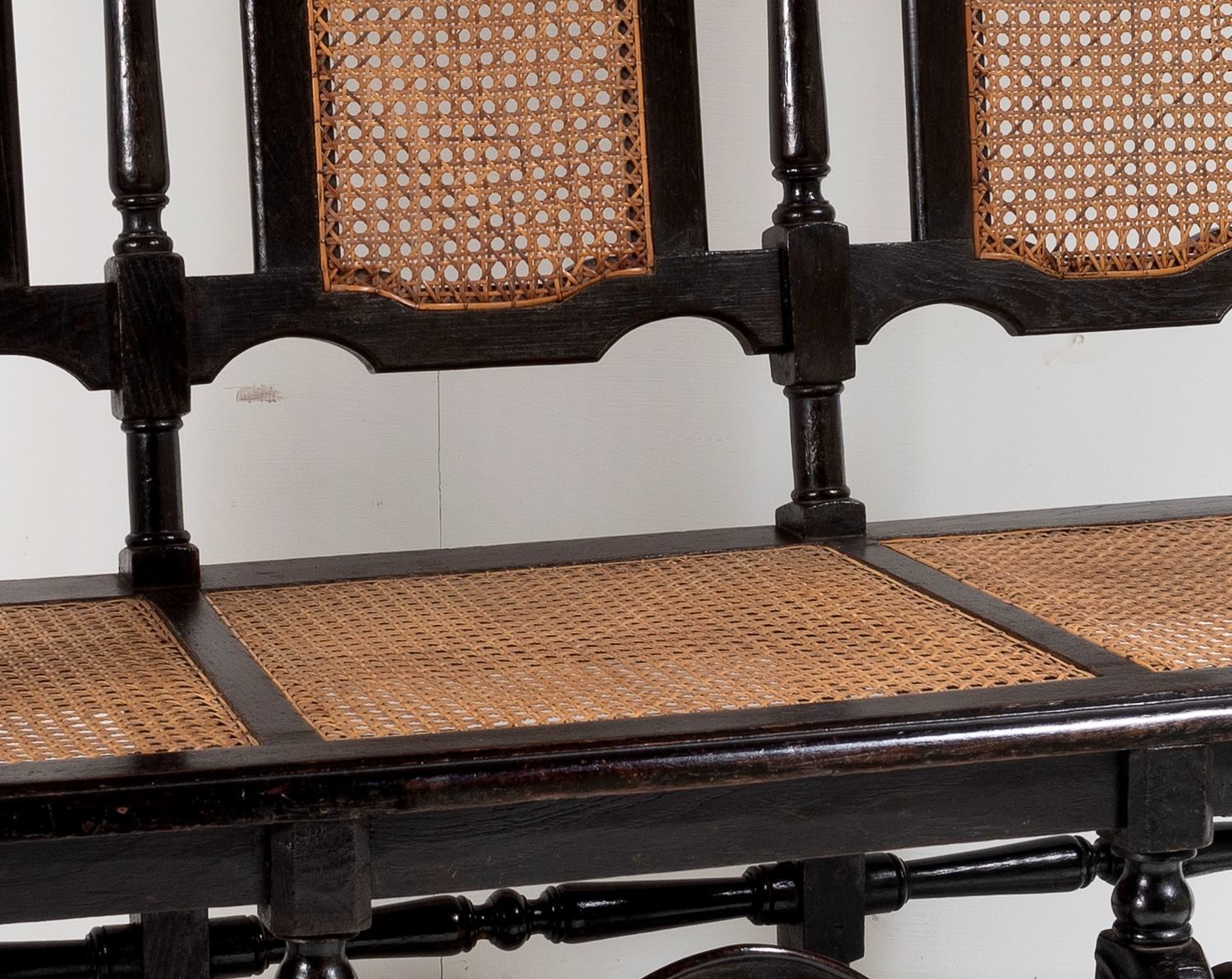 photo vintage 19thc Jacobean Renaissance Carved Oak High Back Cane 3 Seater Hall Bench Settee