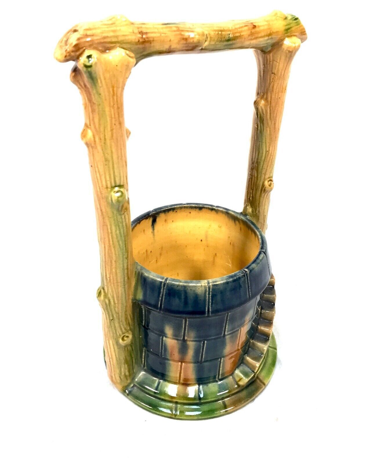 Antique Majolica Vase / Plant Pot In The Form Of A Well / Blue / Green / C.1930 photo for sale