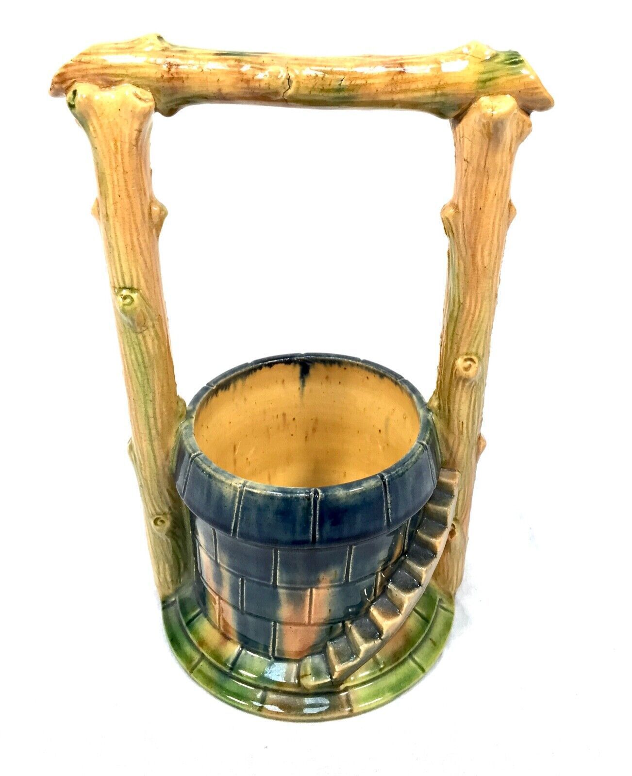 Antique Majolica Vase / Plant Pot In The Form Of A Well / Blue / Green / C.1930