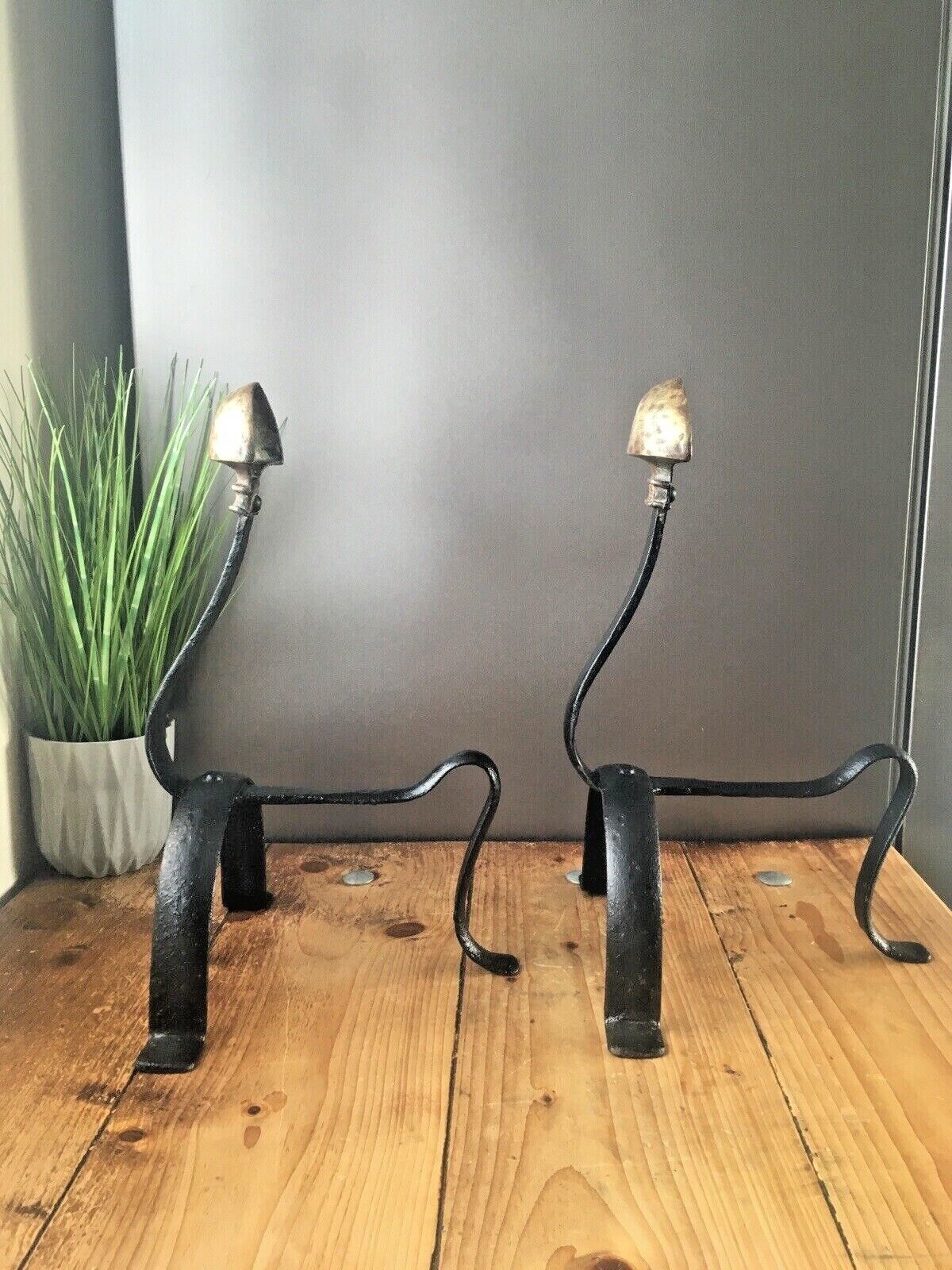Pair Of Antique Art Nouveau Iron Brass Fireside Fire Dogs Andirons Arts & Crafts photo for sale