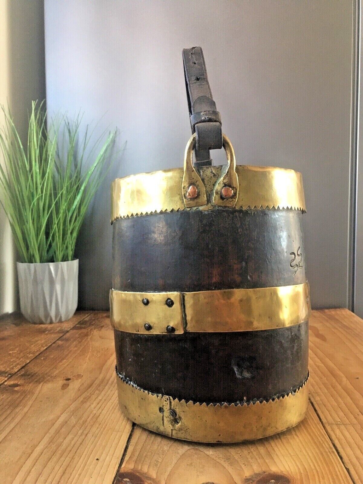 Unusual Antique Coopered Oak & Brass Grain Barrel Bucket Trench Art Military ? photo for sale