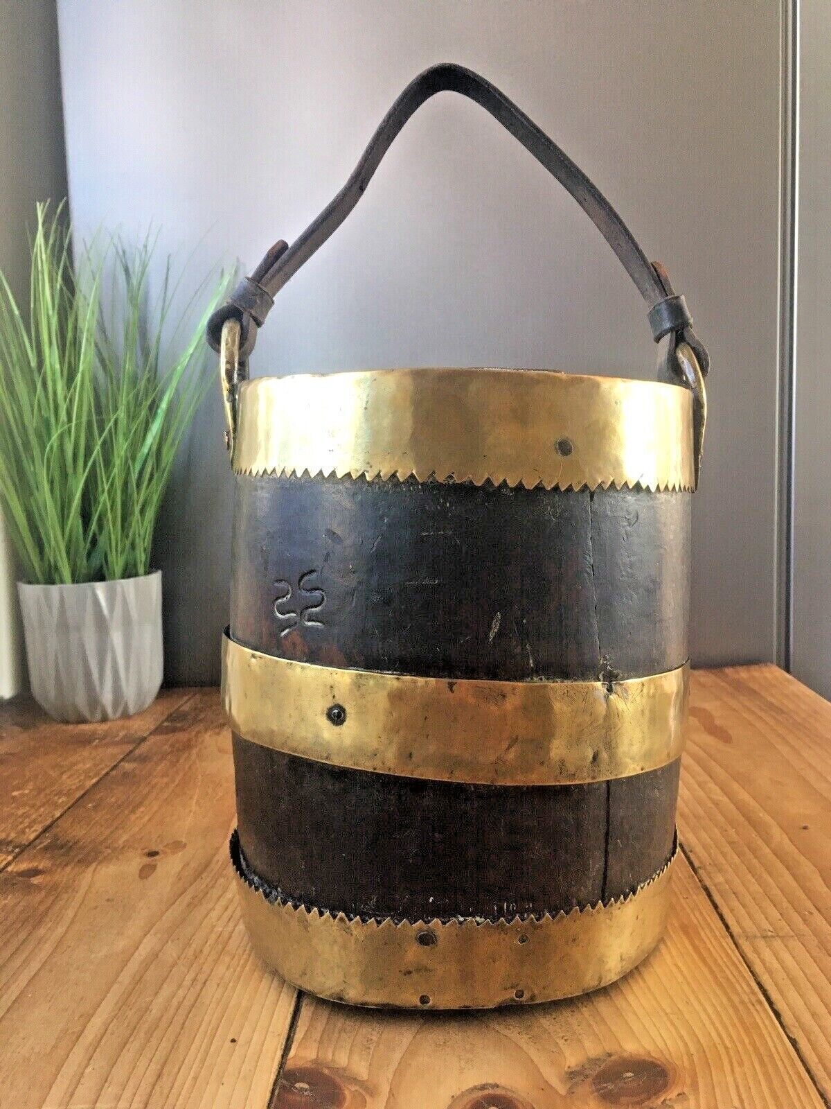 Unusual Antique Coopered Oak & Brass Grain Barrel Bucket Trench Art Military ? photo Home Decor