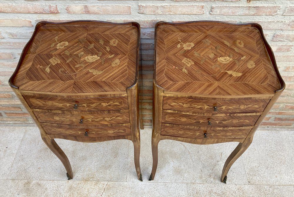 photo furniture French Nightstands In Walnut With Three Drawers, 1940s, Set Of 2