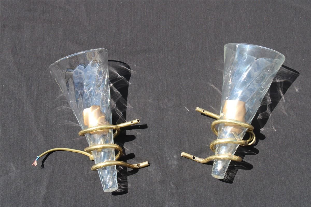 Pair Of Spiral Wall Lamps In Murano Glass And Brass, Italy, 1970 photo furniture
