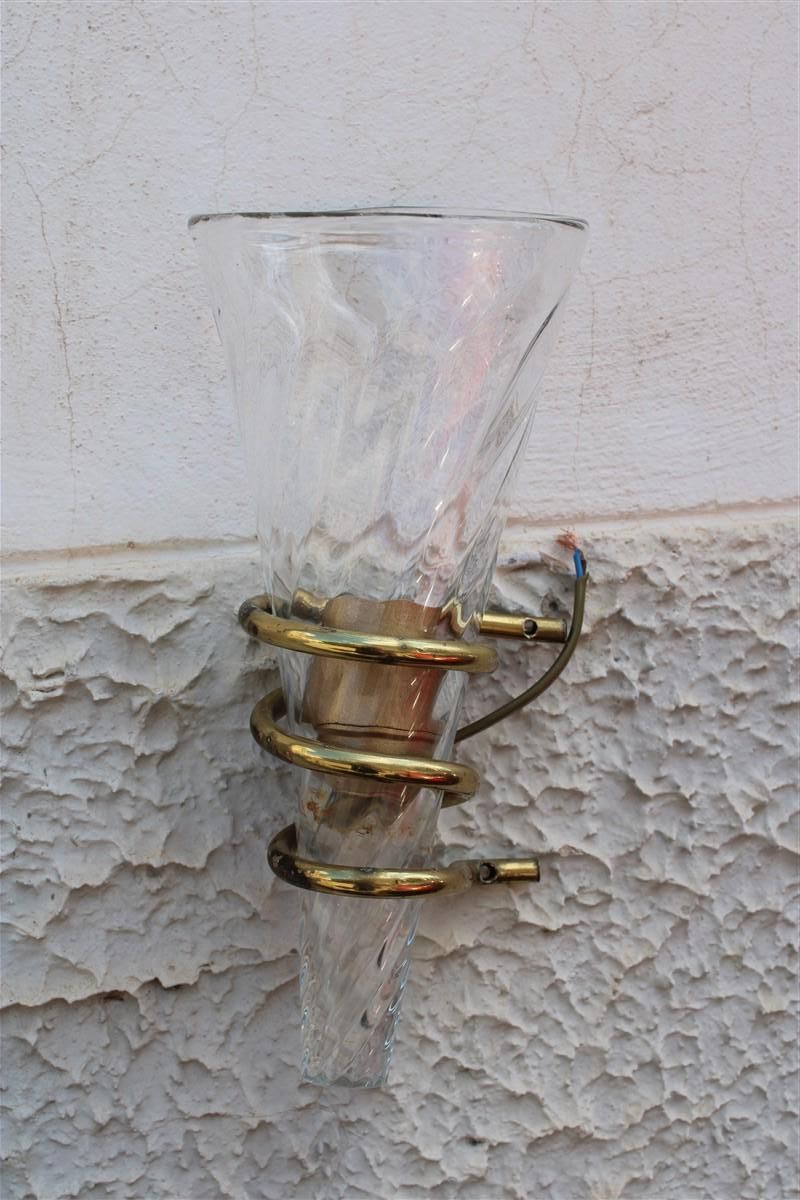 Pair Of Spiral Wall Lamps In Murano Glass And Brass, Italy, 1970 photo vintage