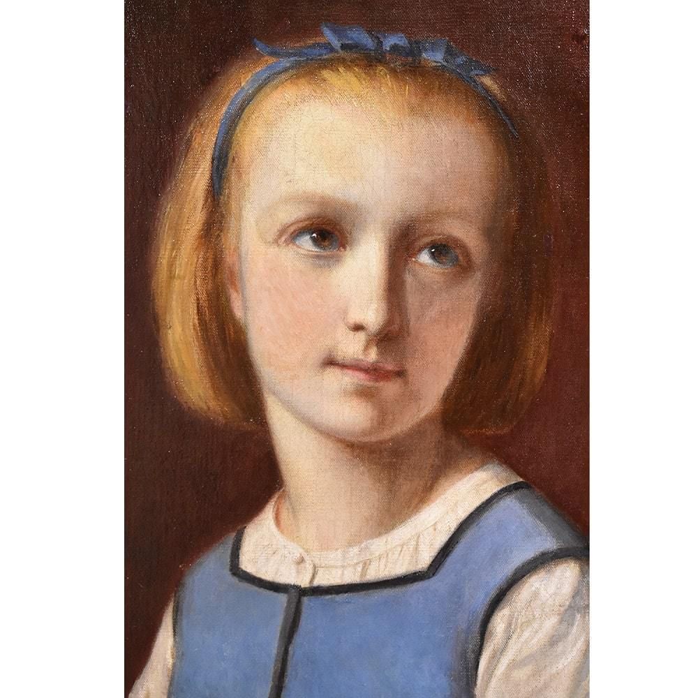 Antique Young Woman Who Sews, Portrait Painting, Oil On Canvas, XIX Century. (Qr436) photo Art