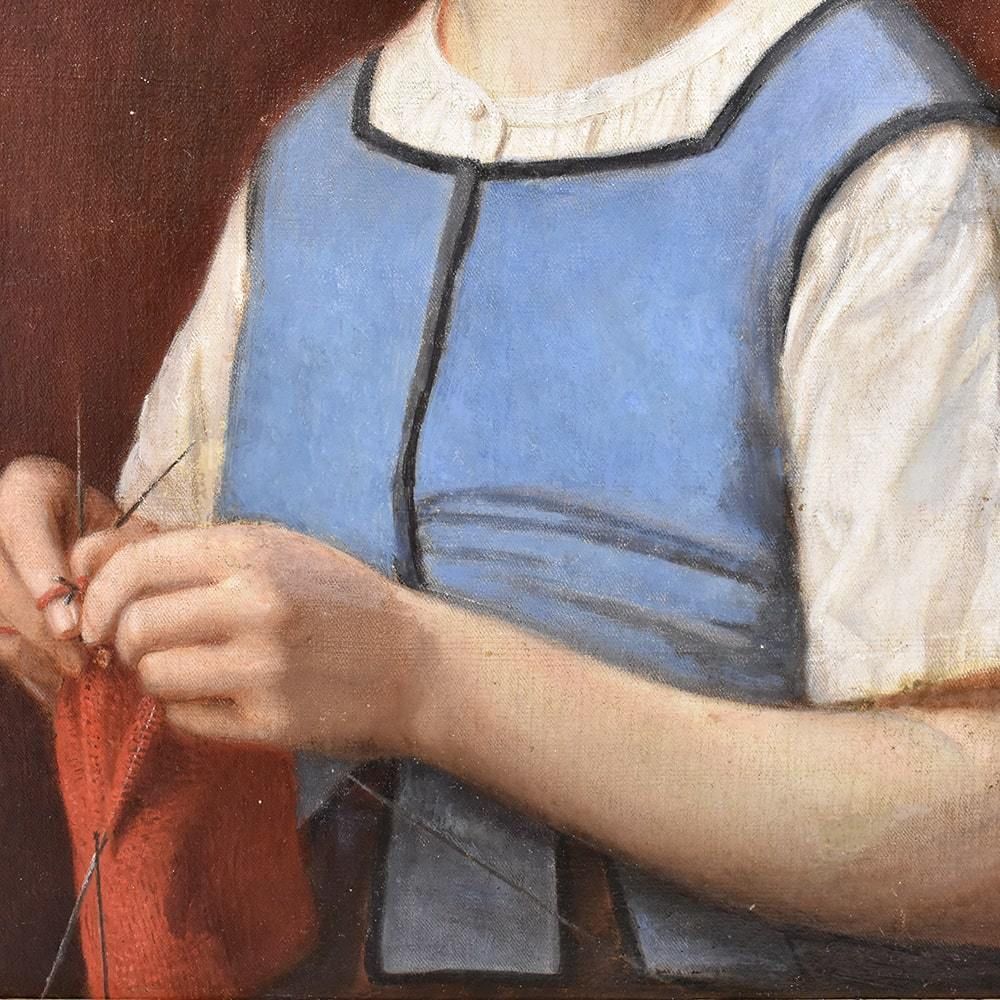 Antique Young Woman Who Sews, Portrait Painting, Oil On Canvas, XIX Century. (Qr436) photo 1800.0