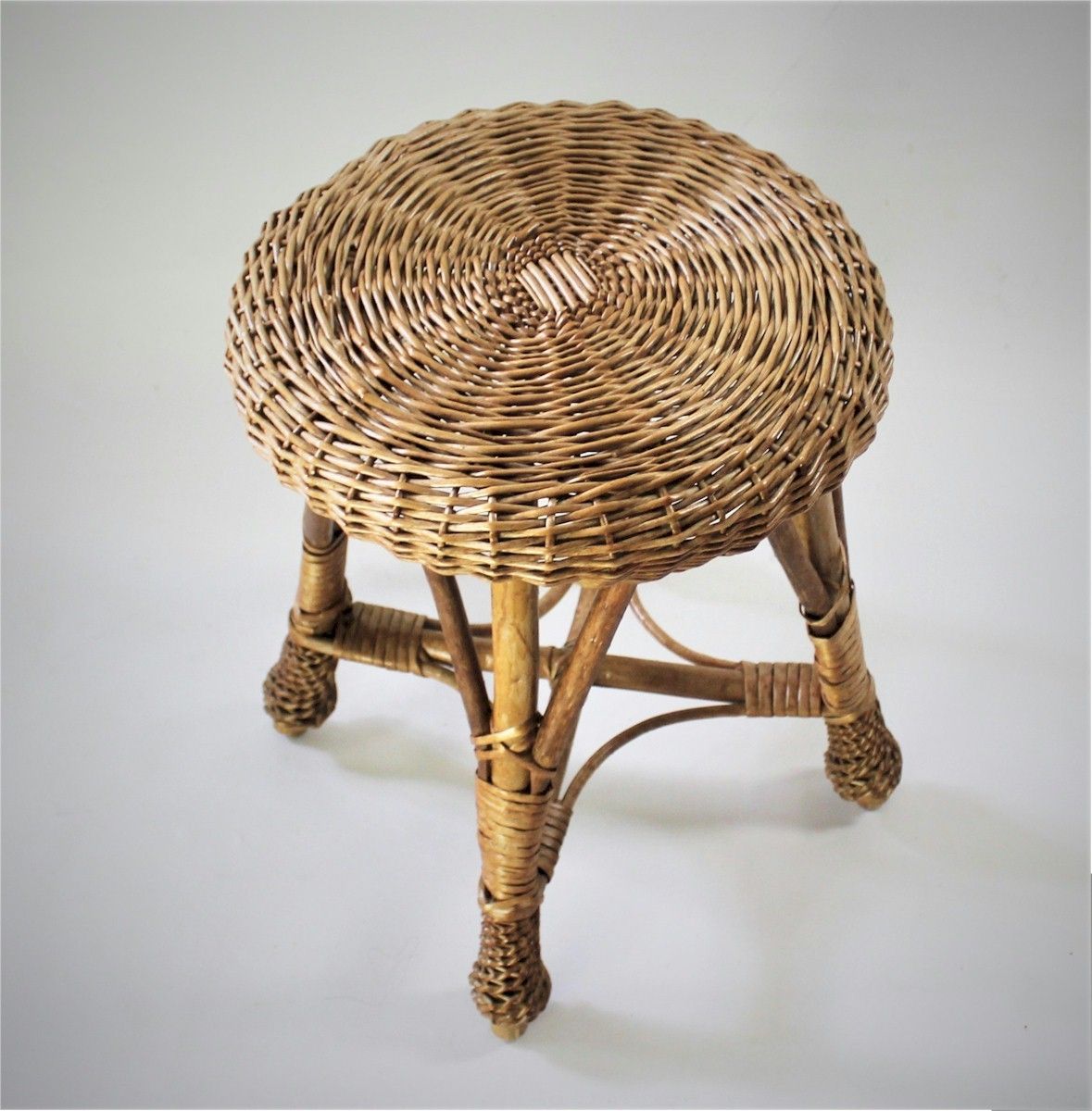 Wicker Rattan Mid Century Stool photo for sale