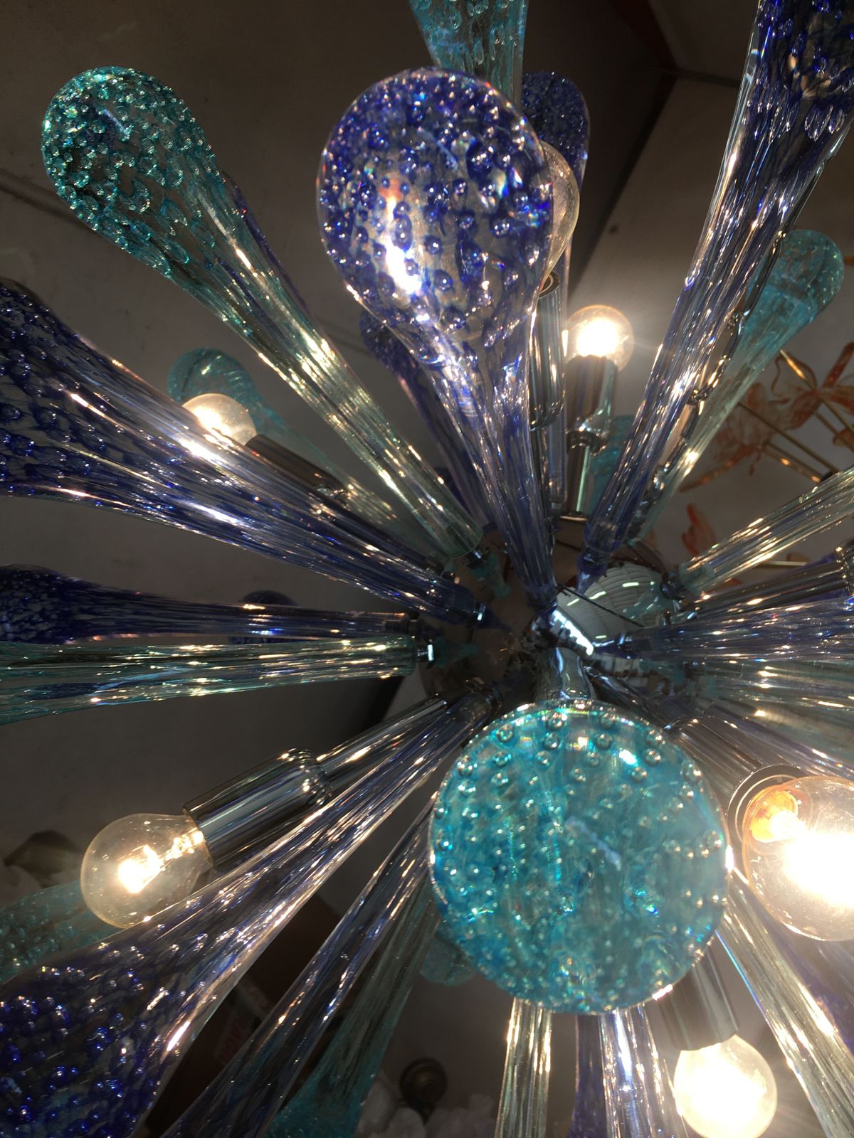 photo for sale Murano Glass Sputnik Chandelier With Blue Air Drops And Kromo Metal Frame