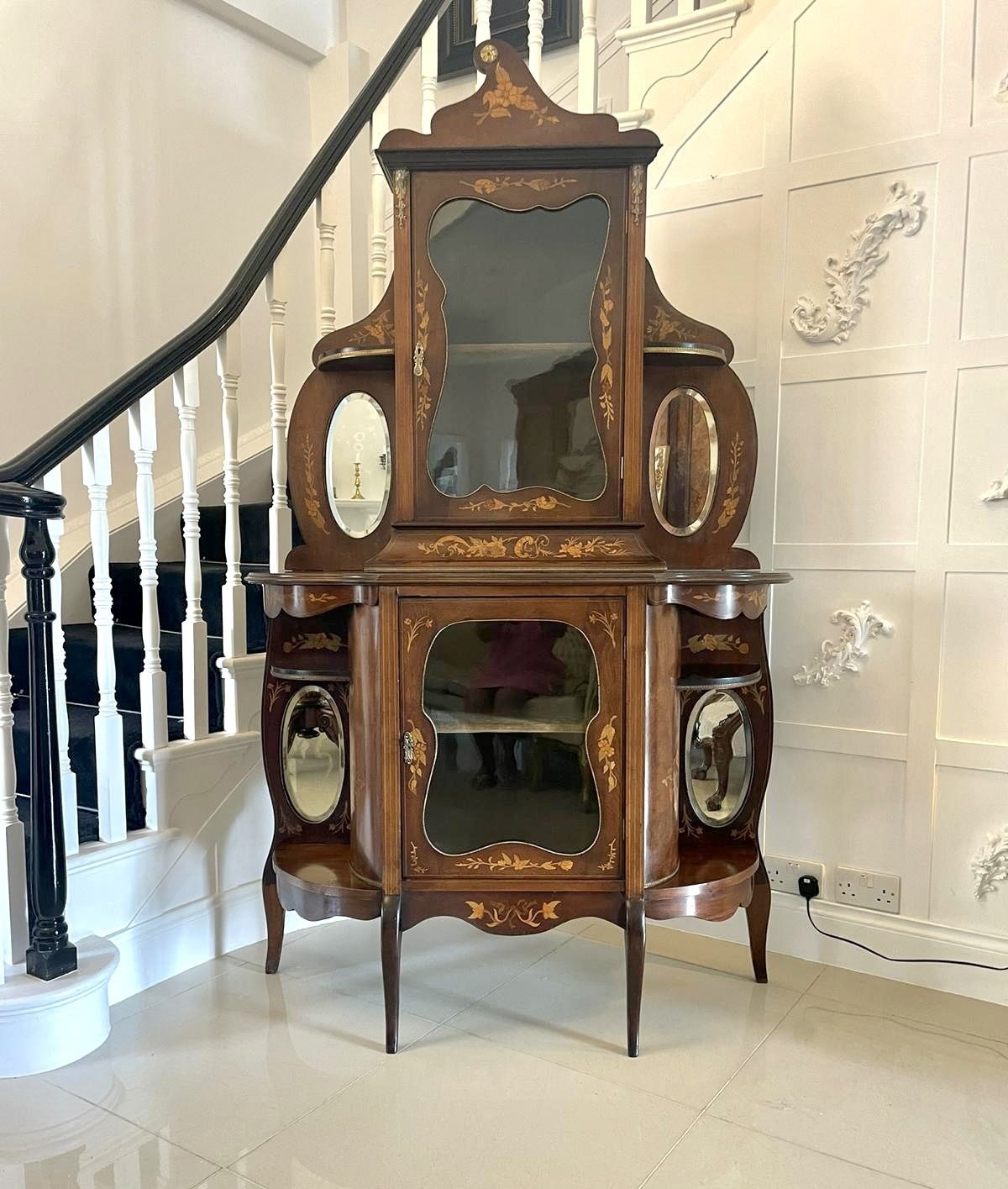 Antique Quality Marquetry Inlaid Mahogany Display Cabinet