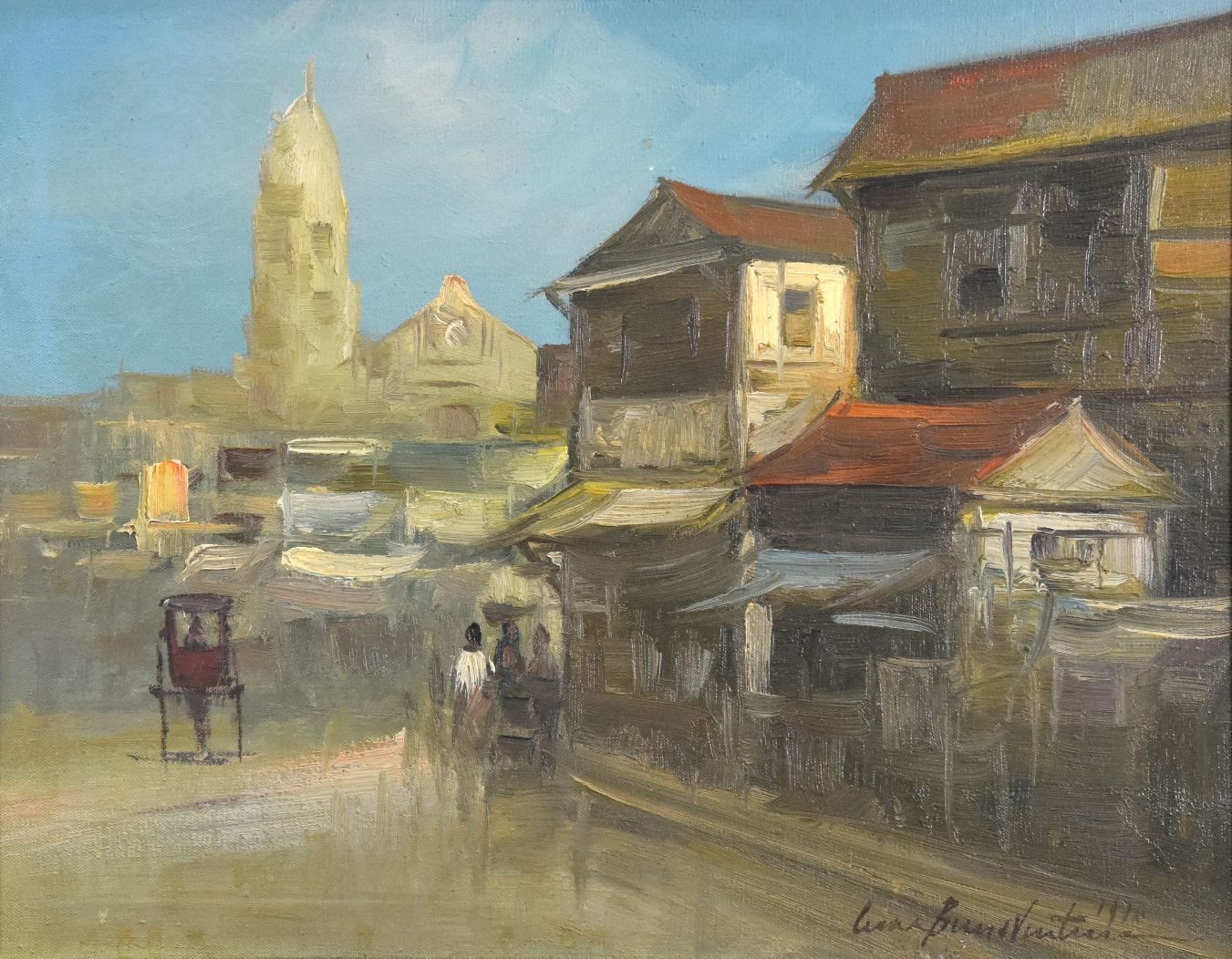 Street Scene By César Buenaventura Oil On Canvas photo furniture
