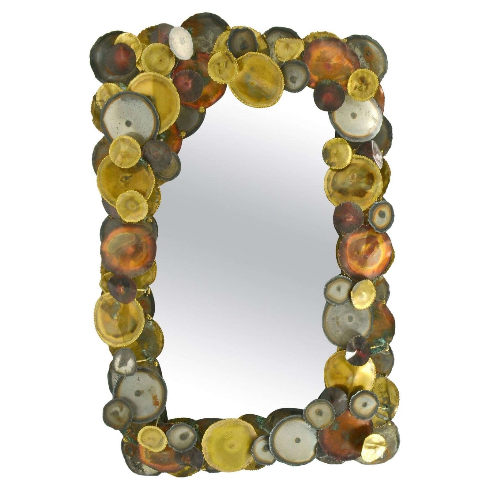 Brutalist Wall Mirror Edged With Metal Circles In The Style Of Curtis