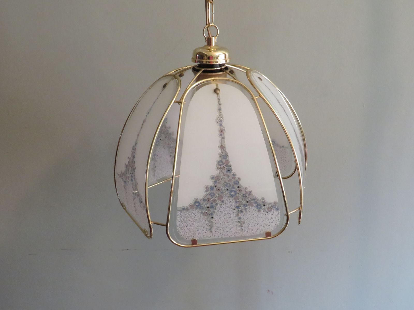Pendant In Gilt Metal And Murano Glass Panels By Eglo Leuchten Austria 1970 photo Lighting