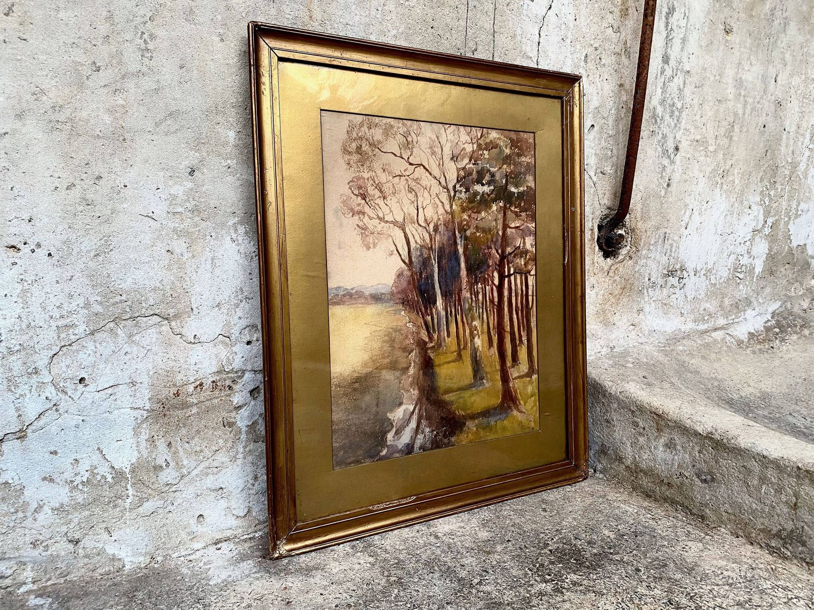 Original Antique Watercolour Painting In Frame   Countryside Scenery photo furniture