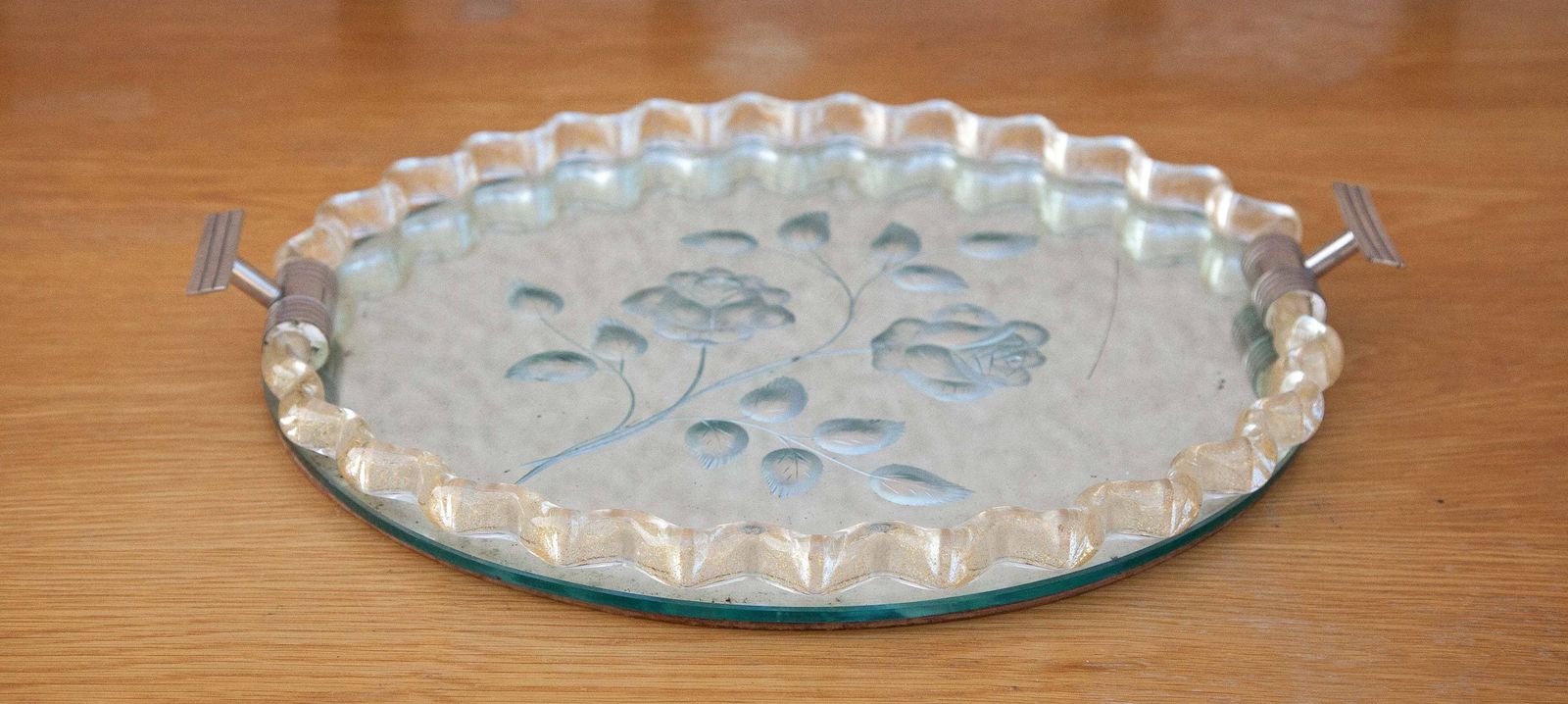 Murano Tray Engraved Flower Motifs, Twisted Glass Glittered Gold, Mirror Tray, Art Deco Handles, Boudoir, Art Of Glass, Collection, 50's photo for sale