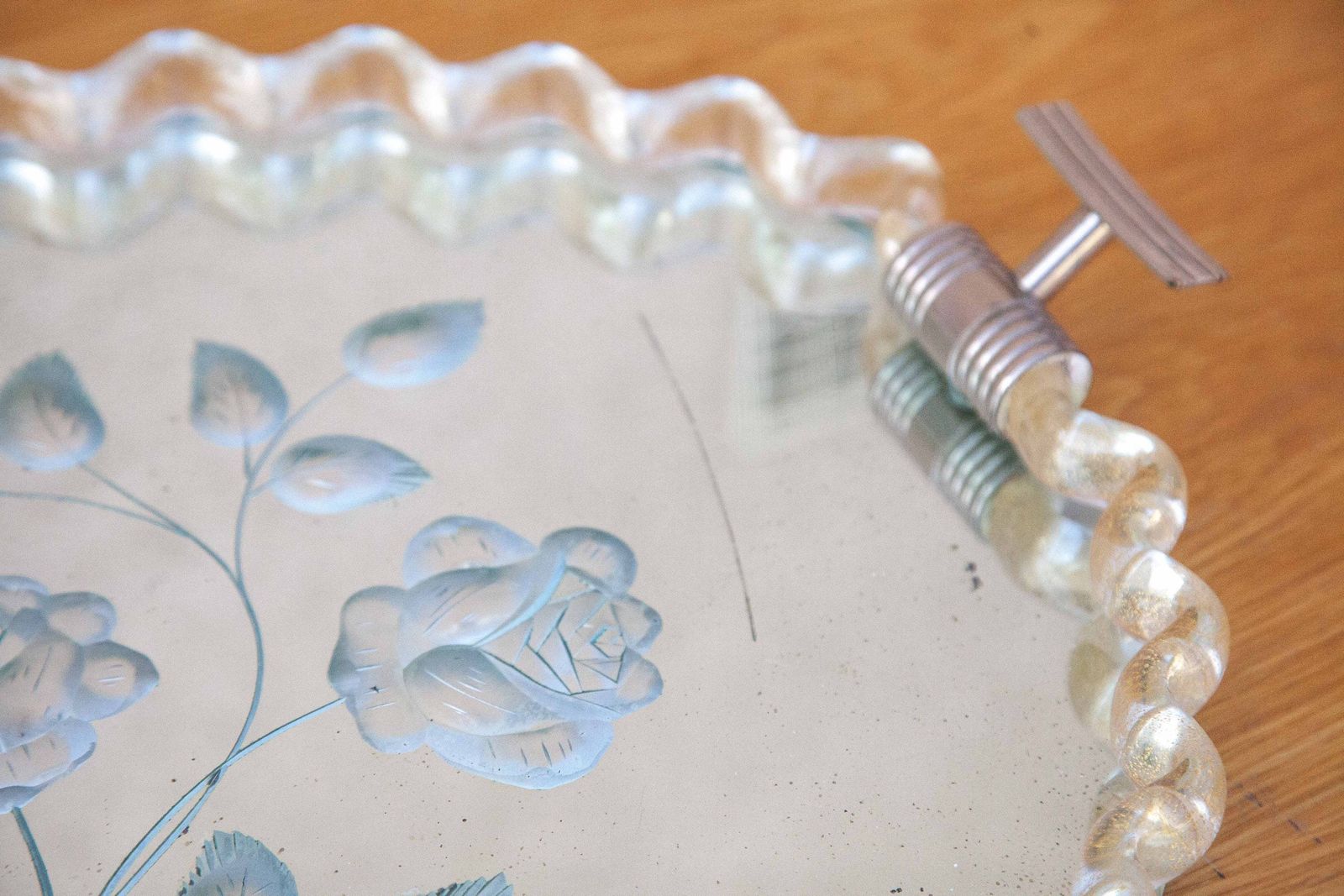 Murano Tray Engraved Flower Motifs, Twisted Glass Glittered Gold, Mirror Tray, Art Deco Handles, Boudoir, Art Of Glass, Collection, 50's photo 484.0