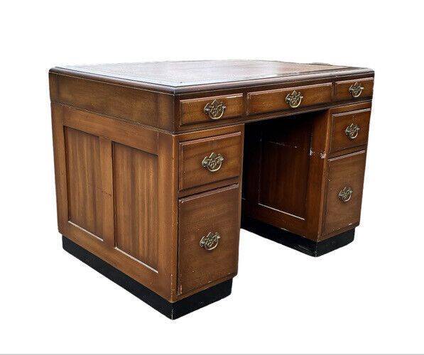 Mahogany Desk, Brass Handles, Panelled Sides & Rear. photo furniture
