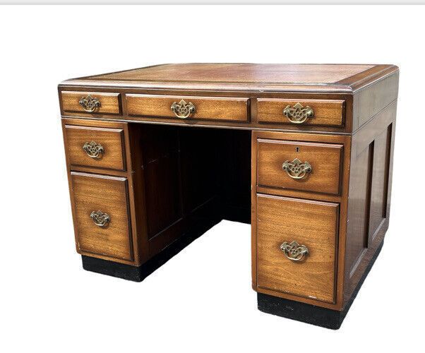 Mahogany Desk, Brass Handles, Panelled Sides & Rear. photo for sale