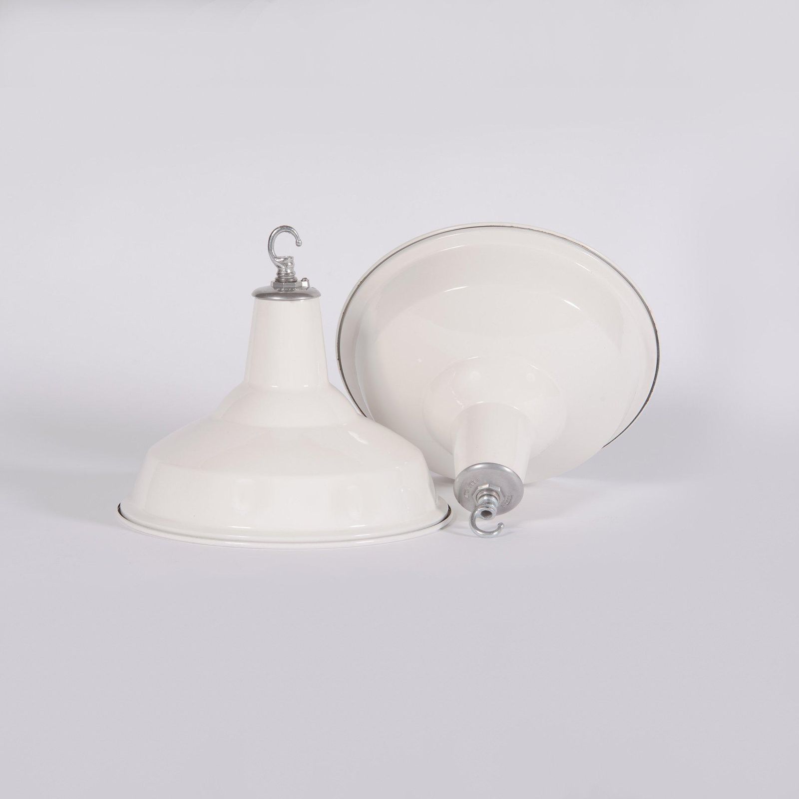 Reclaimed White Enamel Industrial Pendants By Benjamin Electric photo for sale