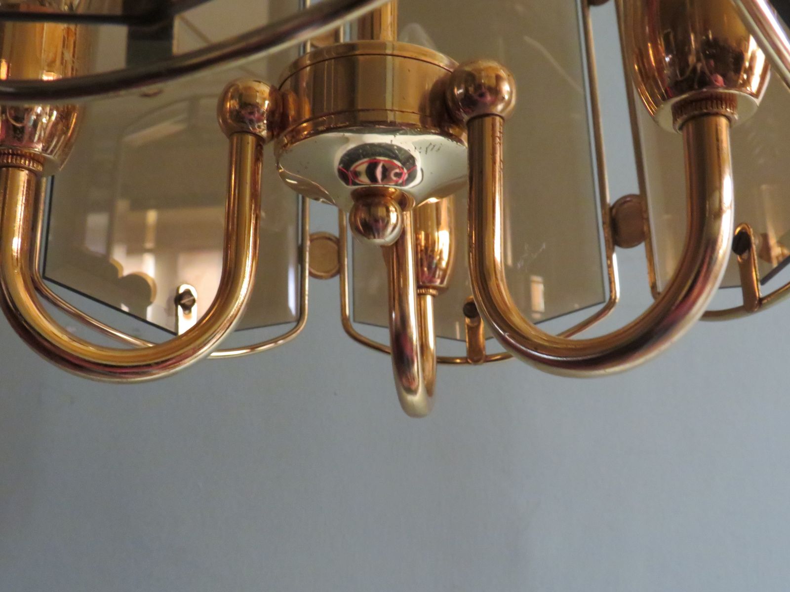 Chandelier With 6 Fumée Glass Cut Panels In Gold Coloured Frame, Belgium 1960 1970 photo buy