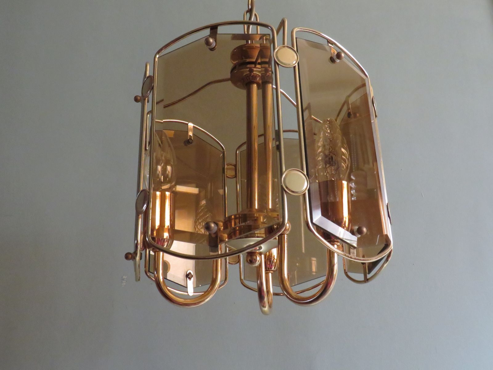 Chandelier With 6 Fumée Glass Cut Panels In Gold Coloured Frame, Belgium 1960 1970 photo vintage
