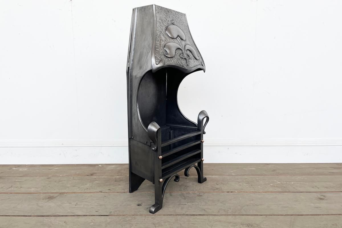 Antique Edwardian Arts & Crafts Canopied Cast Iron Fire Grate. photo for sale