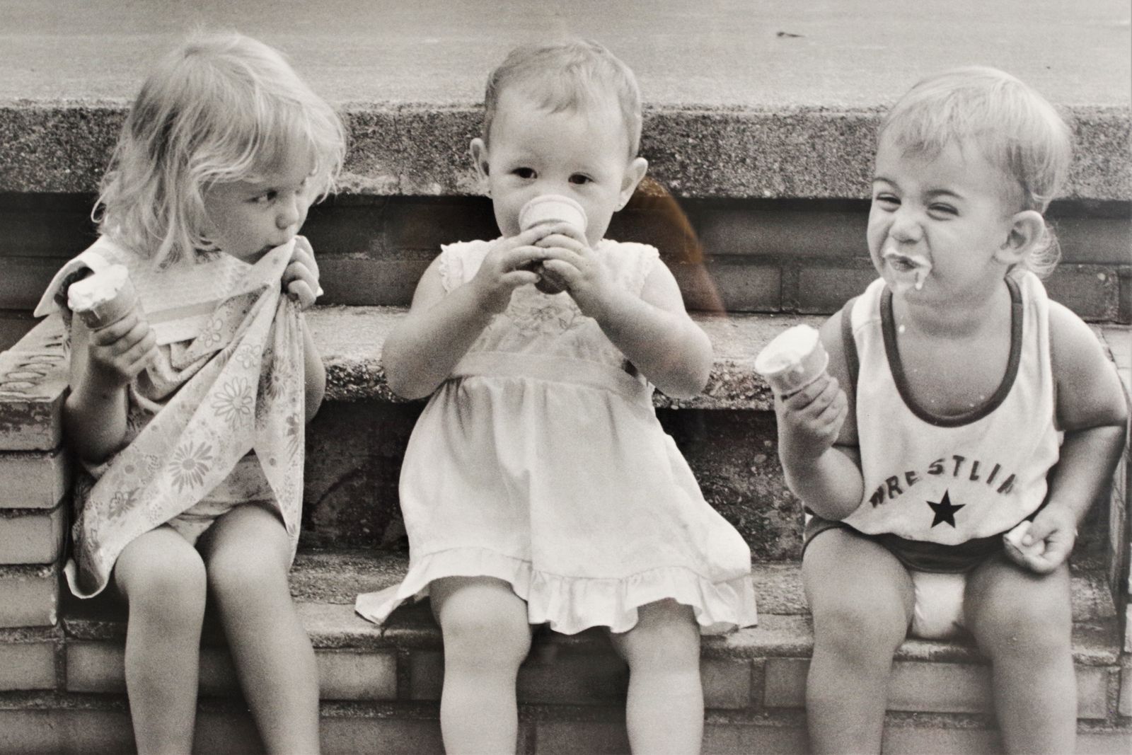 Black And White Print, 3 Children With Ice Cream
