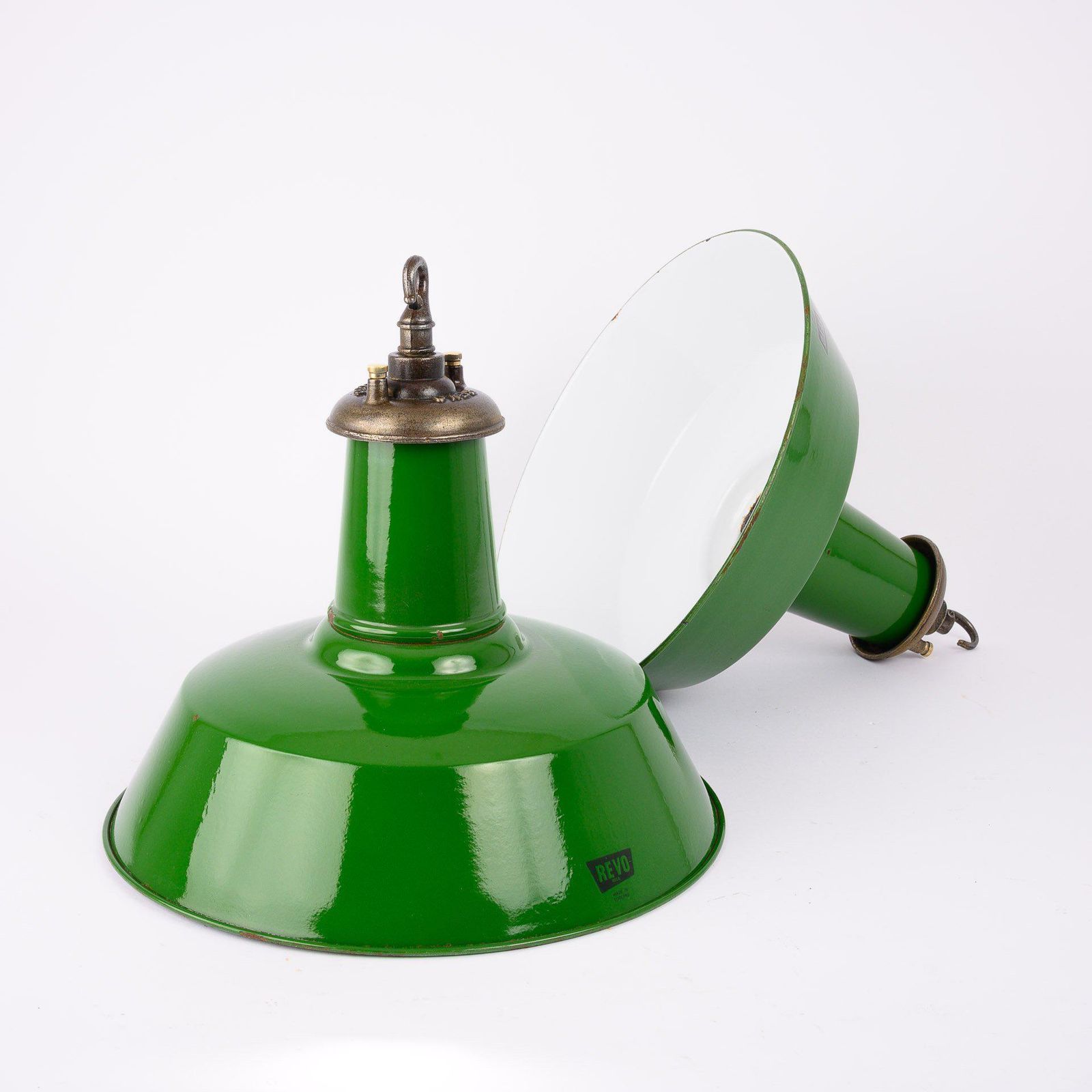 Original Industrial Green Enamel Factory Pendant Lights By Revo Tipton photo Lighting