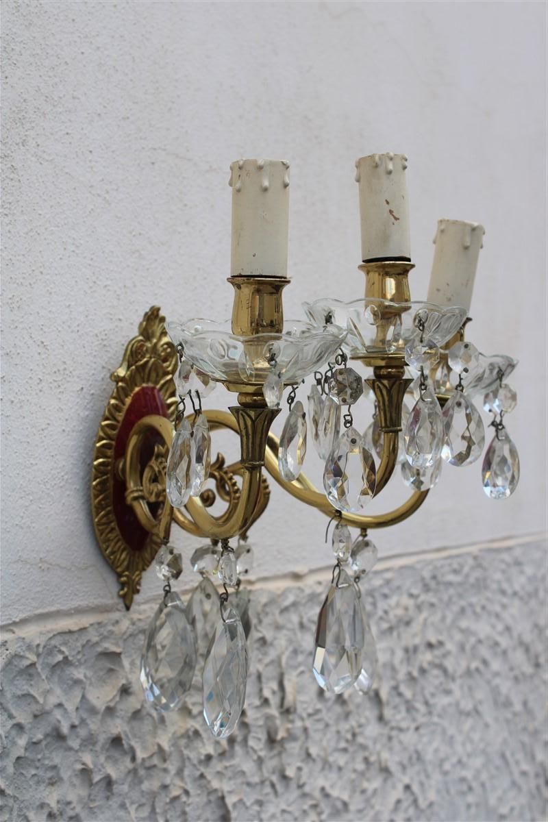 photo for sale Pair Of Wall Lamps In Brass And Mid Century Italian Crystal Enamels 1950s
