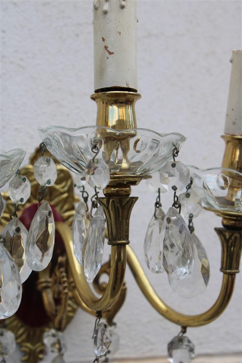Lighting Pair Of Wall Lamps In Brass And Mid Century Italian Crystal Enamels 1950s photo
