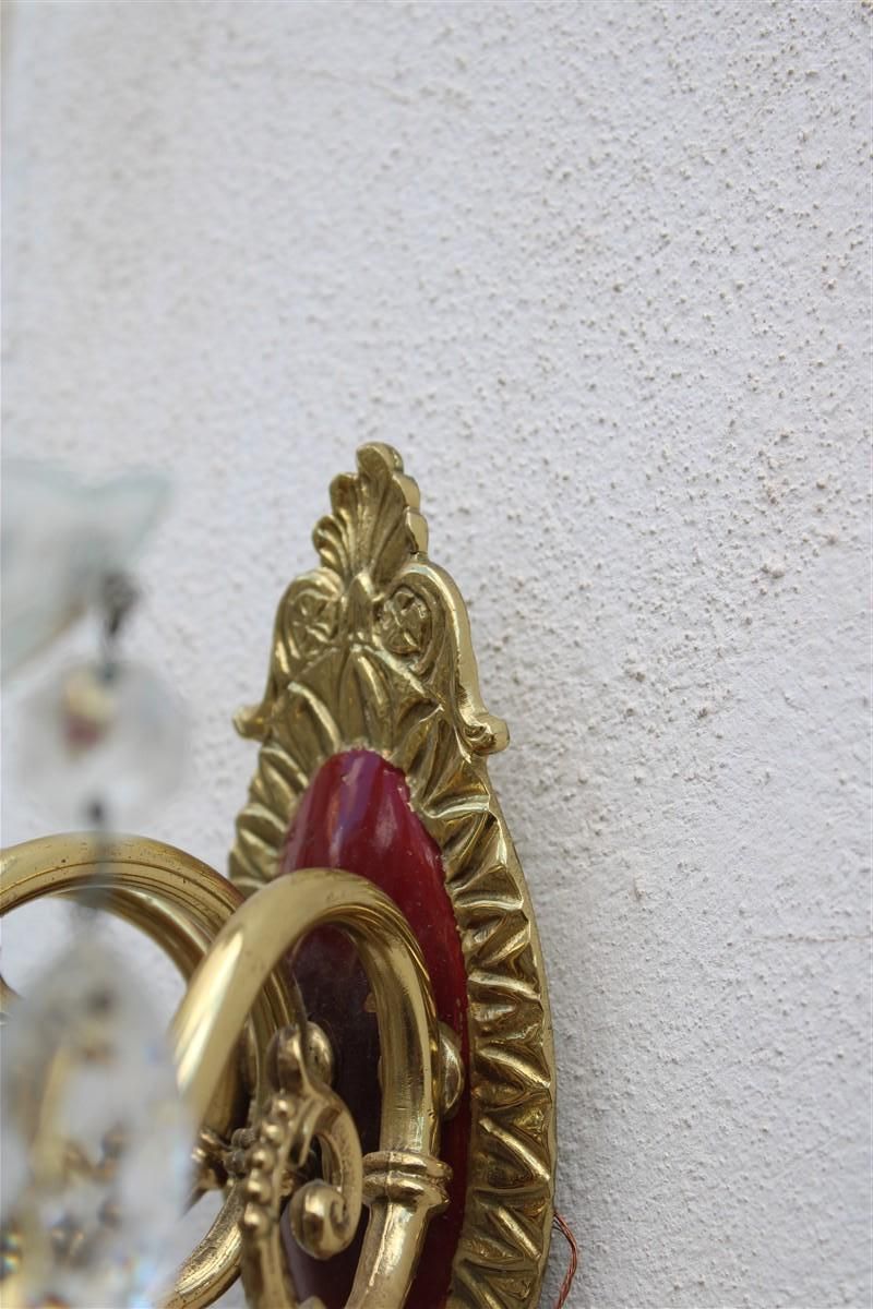 photo vintage Pair Of Wall Lamps In Brass And Mid Century Italian Crystal Enamels 1950s