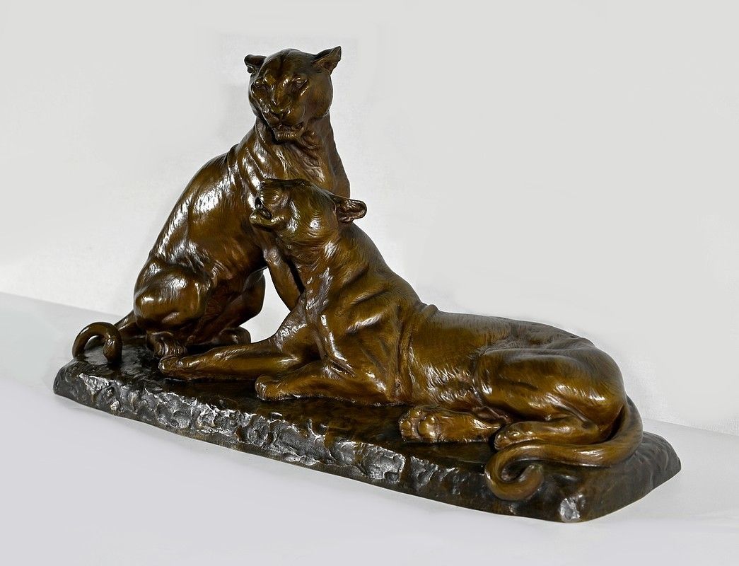 Important Bronze "Couple Of Lionesses", By L. Riché   Early 20th Century photo for sale
