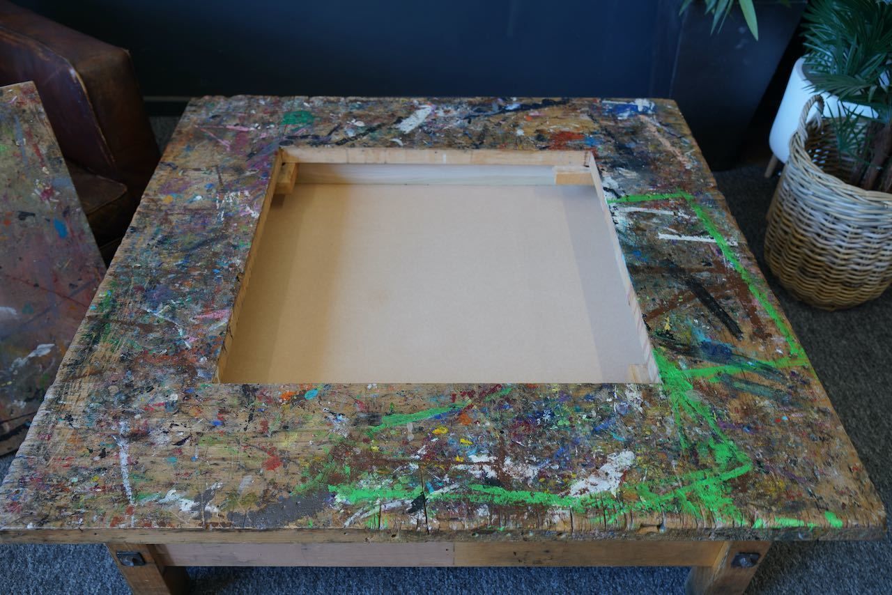 Handmade Large Square Coffee Table Hidden Compartment Paint Splattered photo for sale