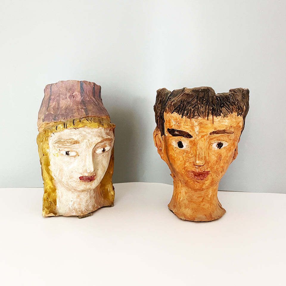 Pair Of Hand Decorated Ceramic Heads   Art