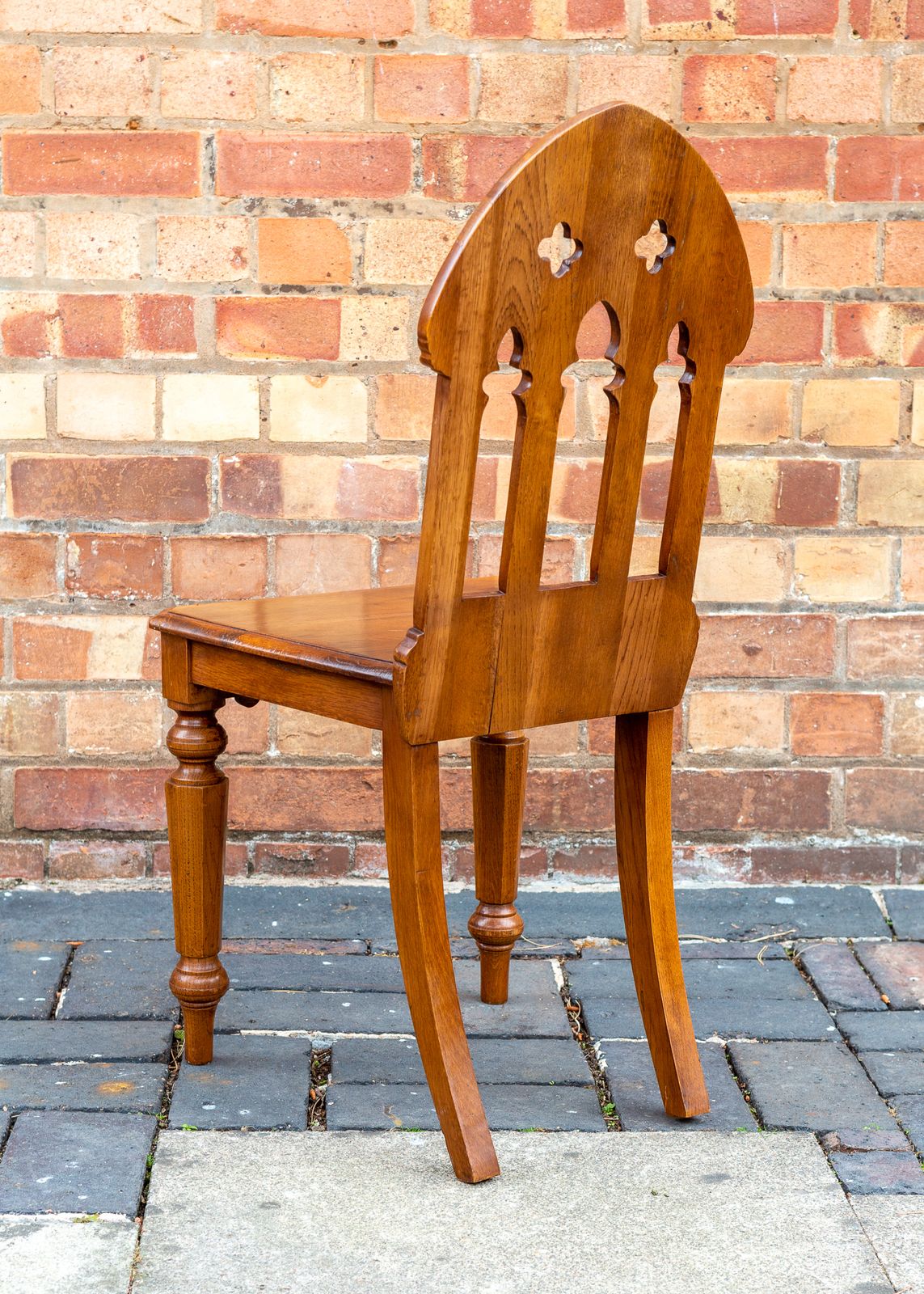 Furniture Gothic Revival Steeple Back Oak Chair Pugin Style Carved Hall Chair Tiger Oak Ecclesiastical photo