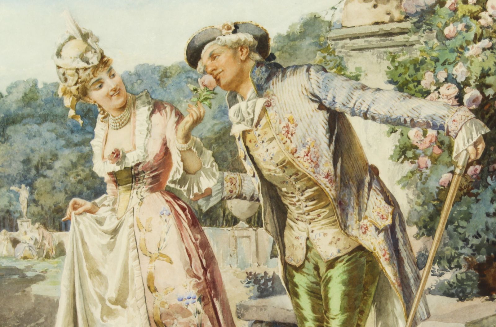Antique Water Colour  "The Romantic Walk"  By  Belisario Gioja   19th C photo Art