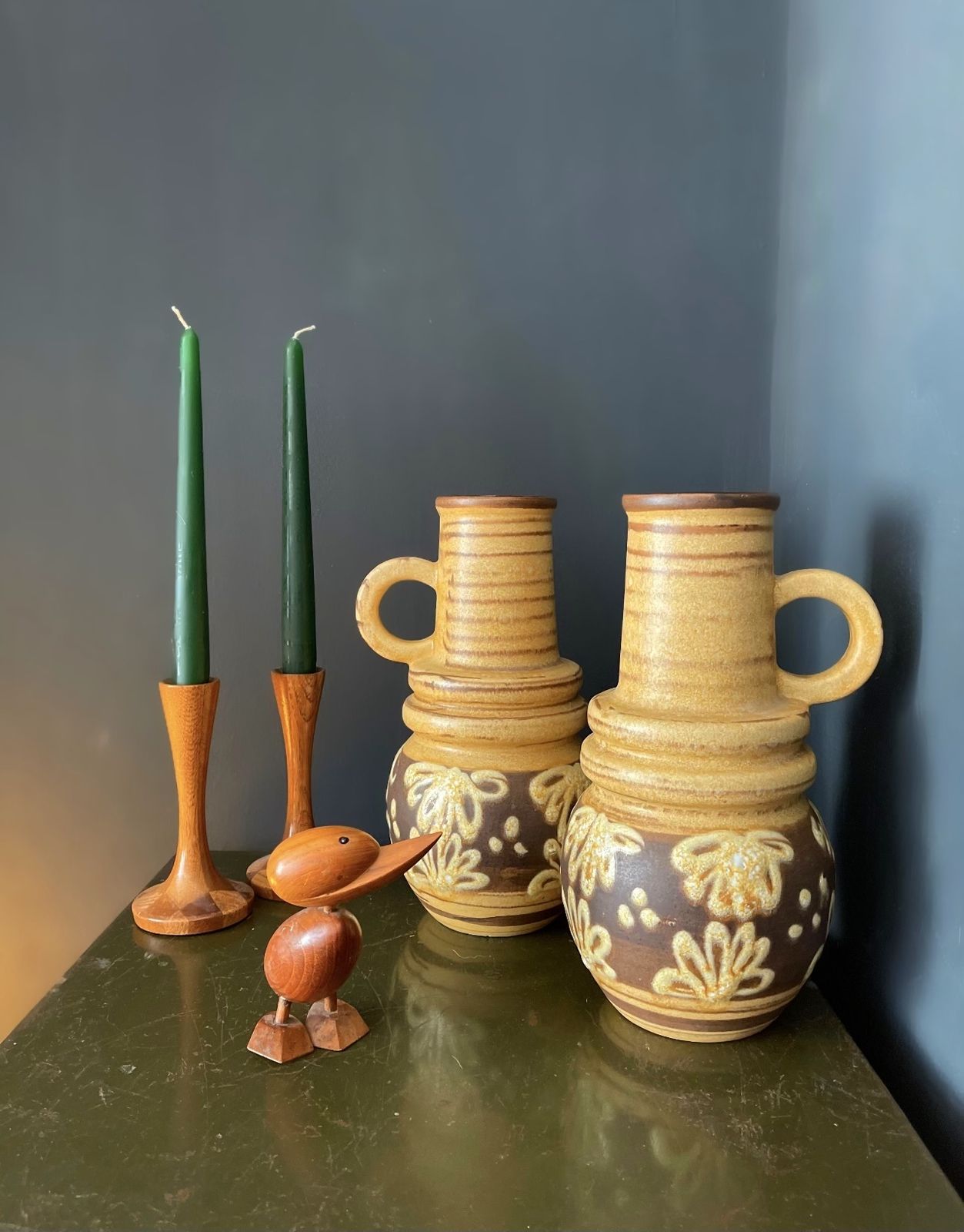 West German Scheurich Medium Handled Vase 428 26: Brown & Cream With Flowers photo Home Decor