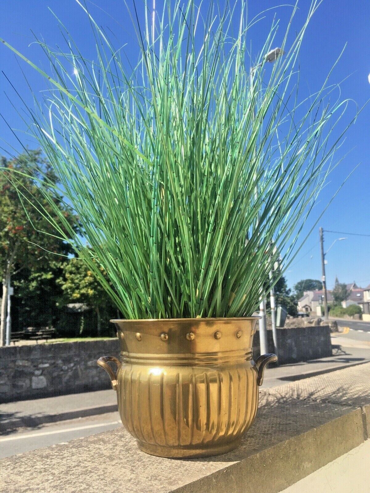 Vintage Reeded Brass Faux Studded Planter Flower Plant Pot Boho 60's 70s Antique