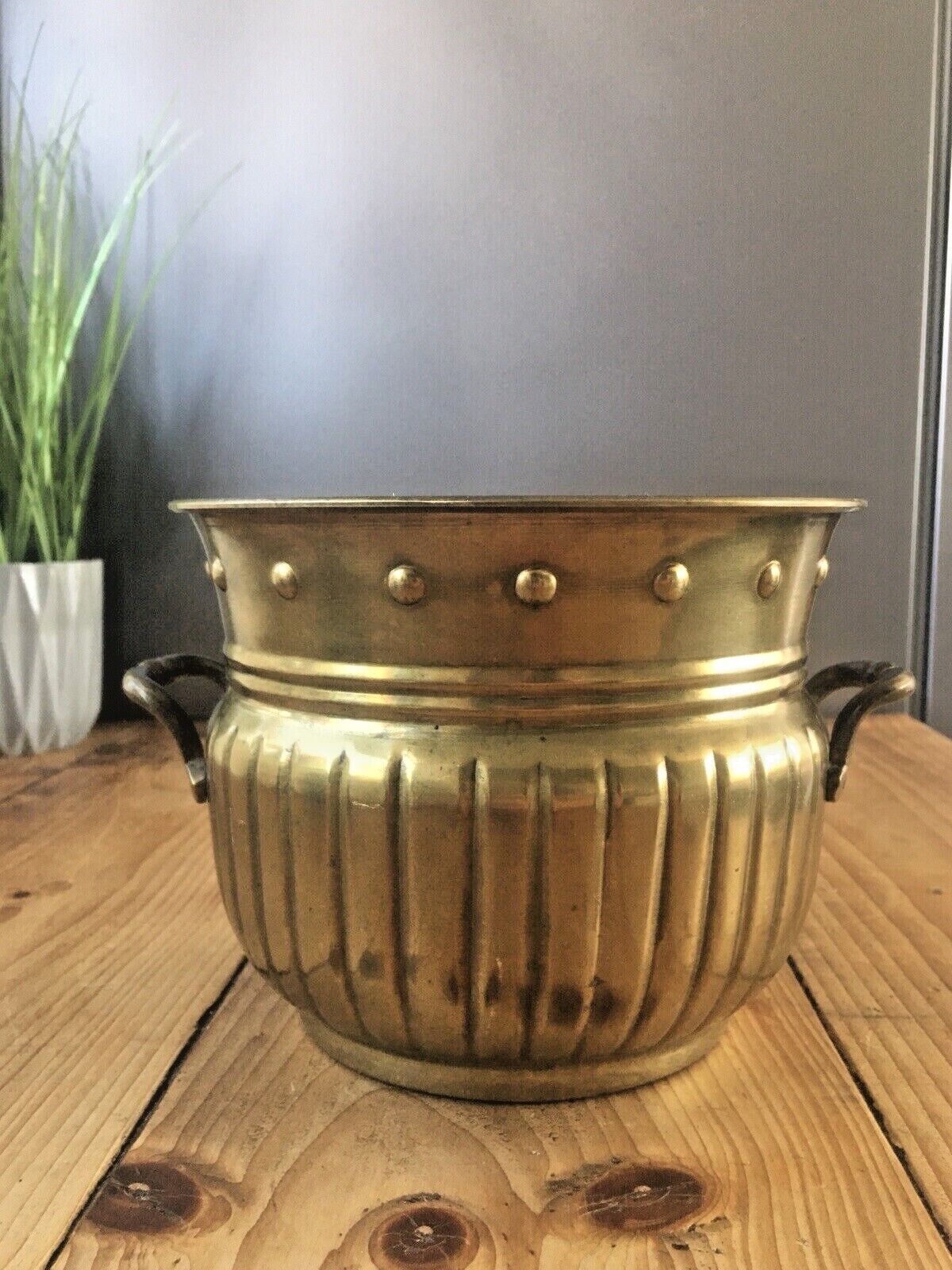 Vintage Reeded Brass Faux Studded Planter Flower Plant Pot Boho 60's 70s Antique photo Home Decor