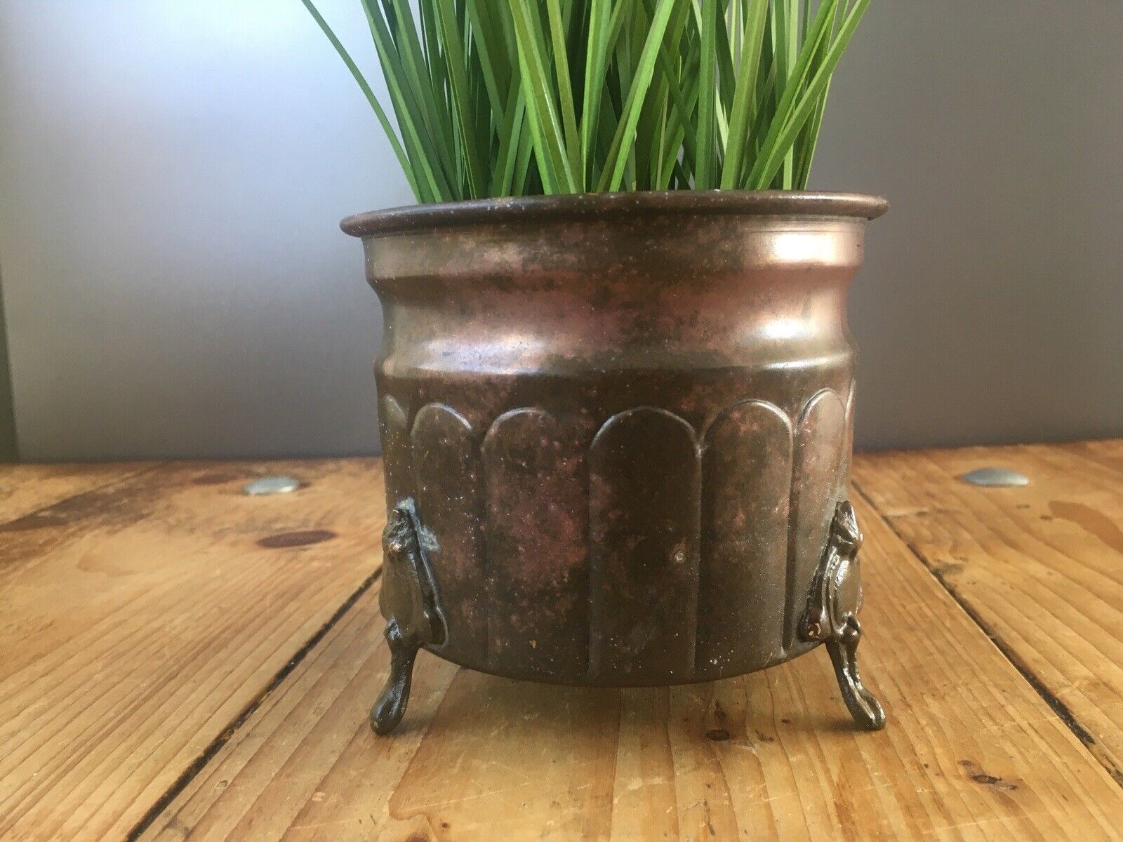 Small Antique Metal Footed Planter Copper Regency Arched Plant Herb Pot Vintage photo Home Decor