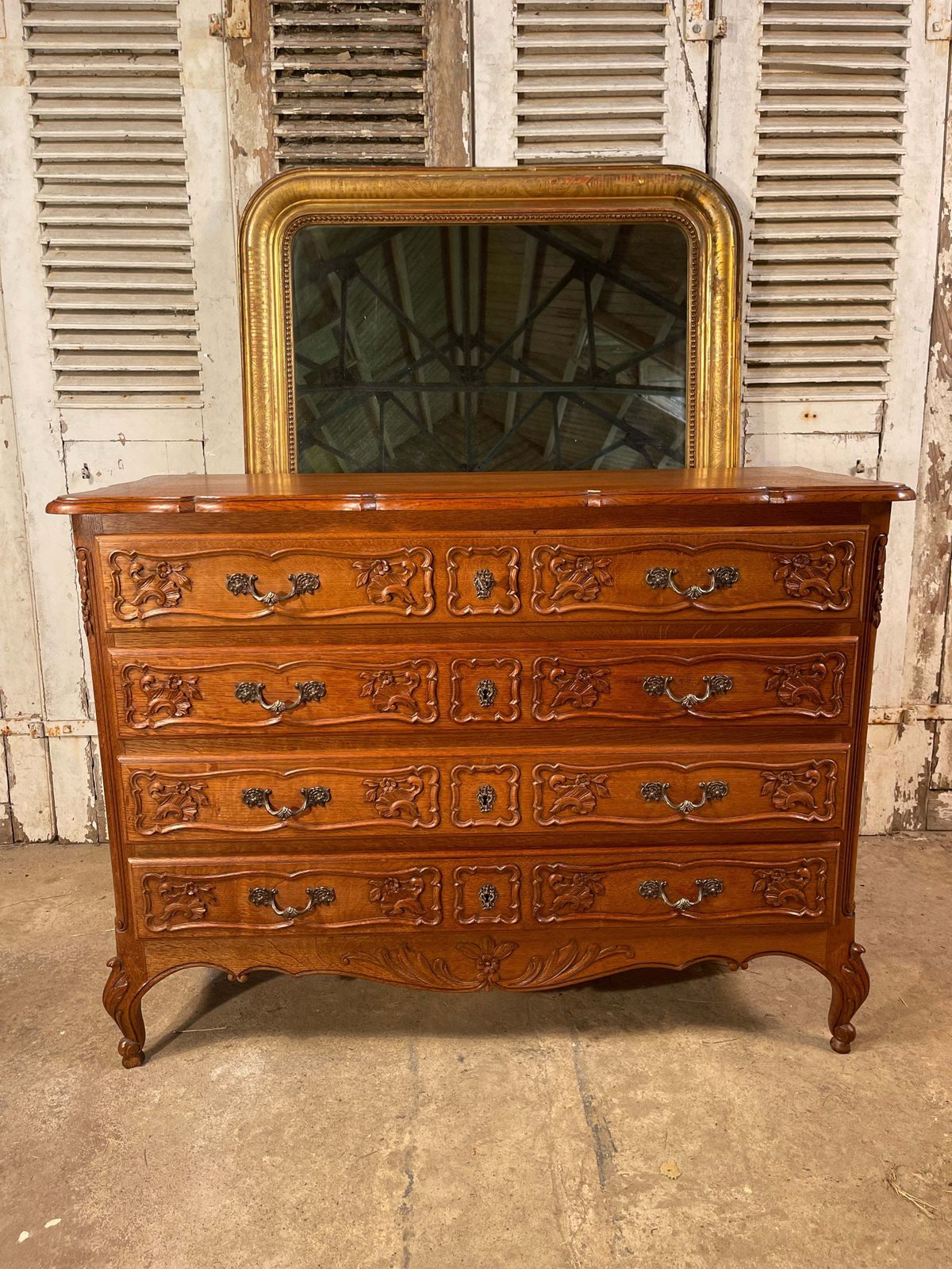 Antique French Carved Oak Serpentine Topped Commode Chest Drawers photo vinterior