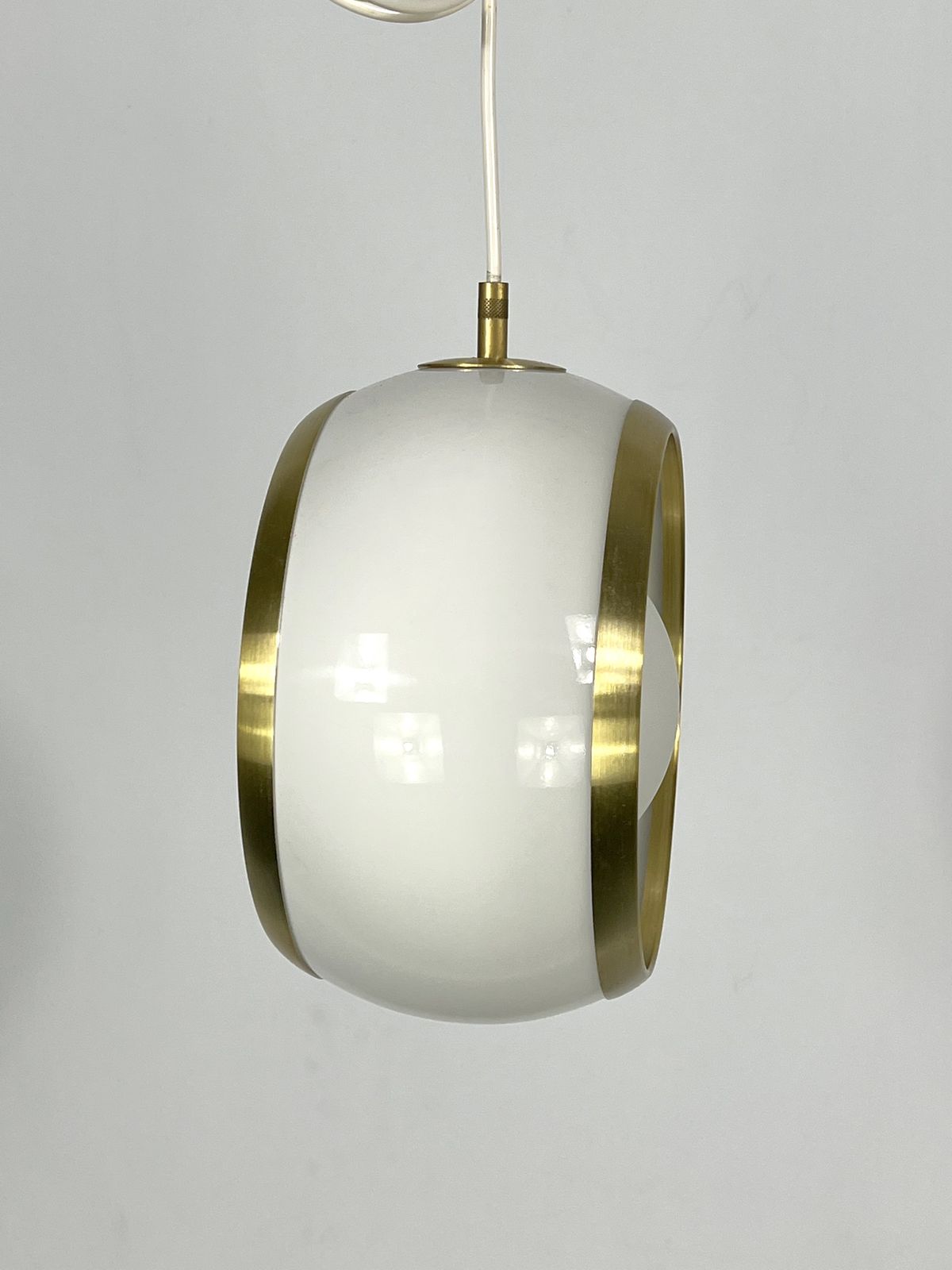 Stilux Milano, Gilded Aluminum, Opaline And Perspex Pendant. Italy 1960s photo vinterior